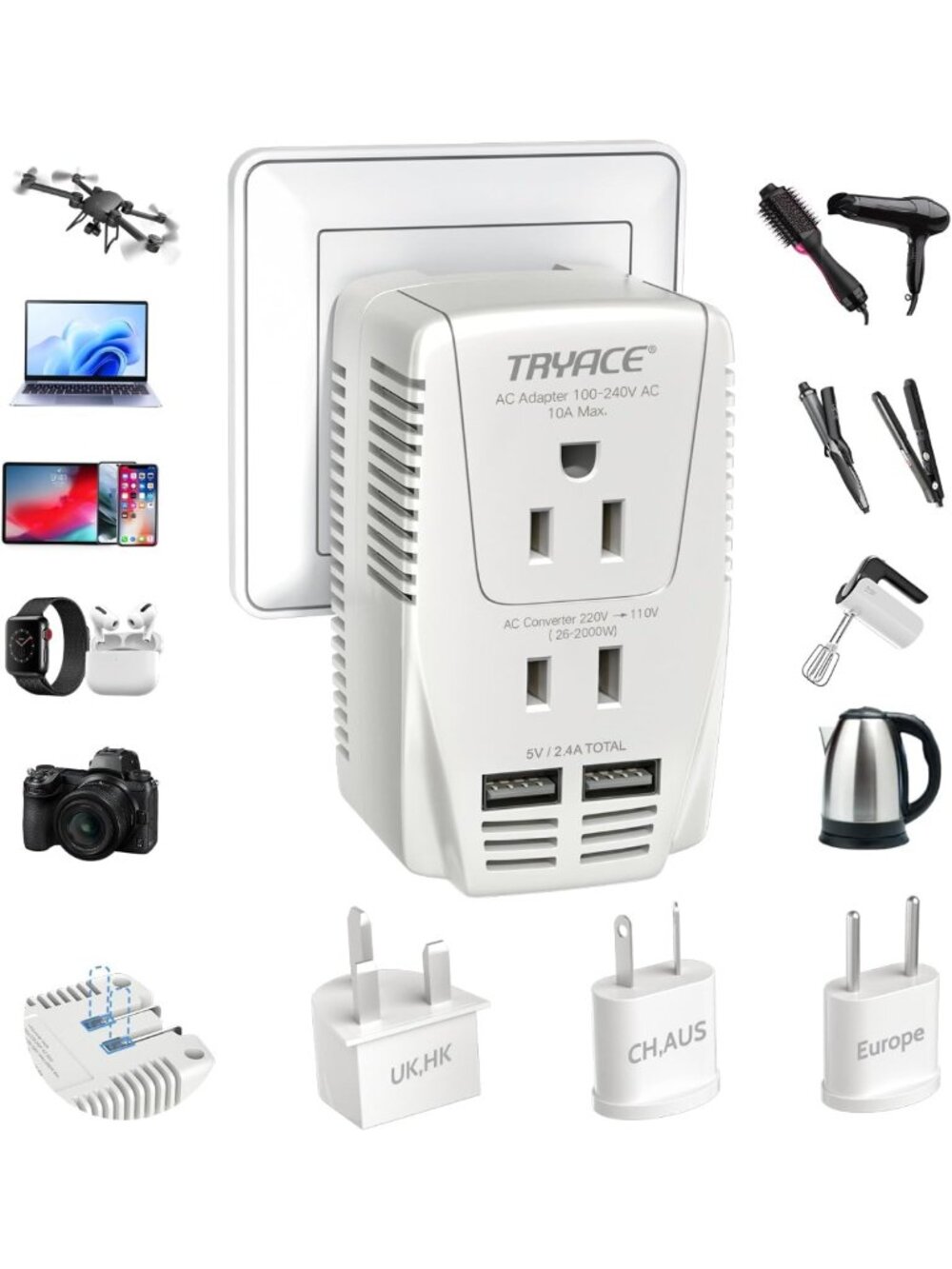 Powerful 2000W Voltage Converter for Hair Tools - Travel Adapter for Europe